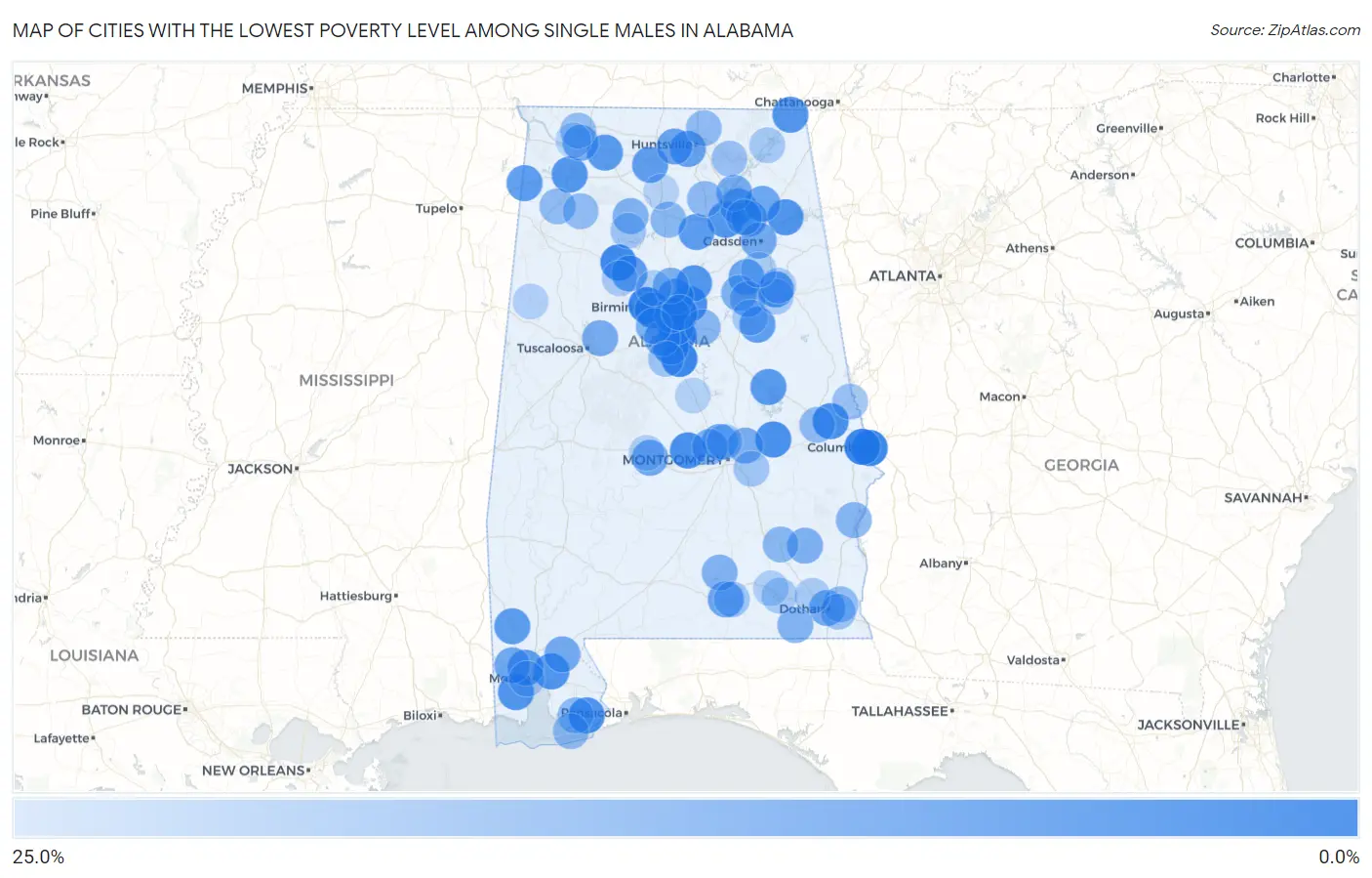 Cities with the Lowest Poverty Level Among Single Males in Alabama Map