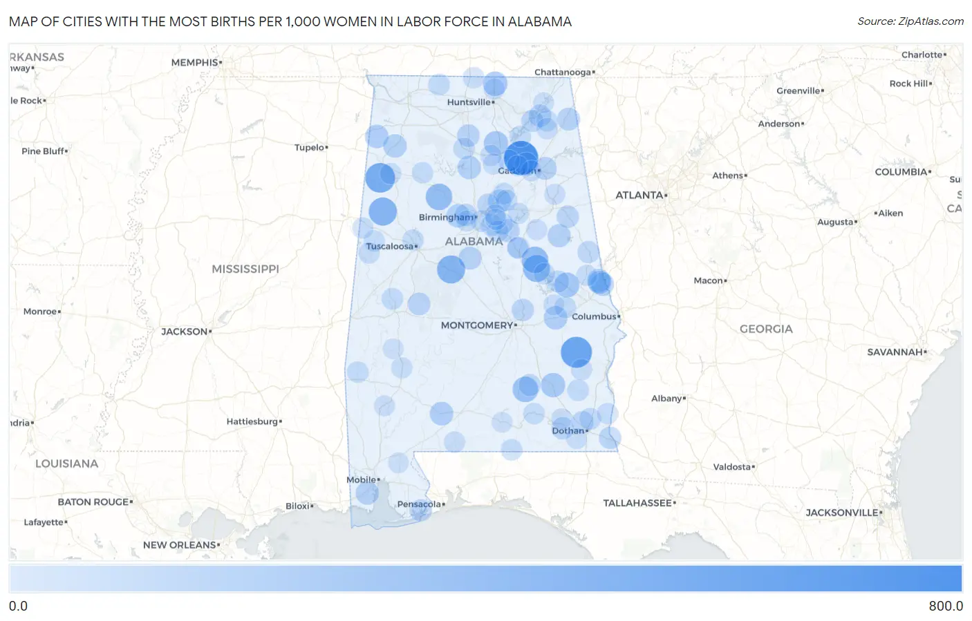 Cities with the Most Births per 1,000 Women in Labor Force in Alabama Map
