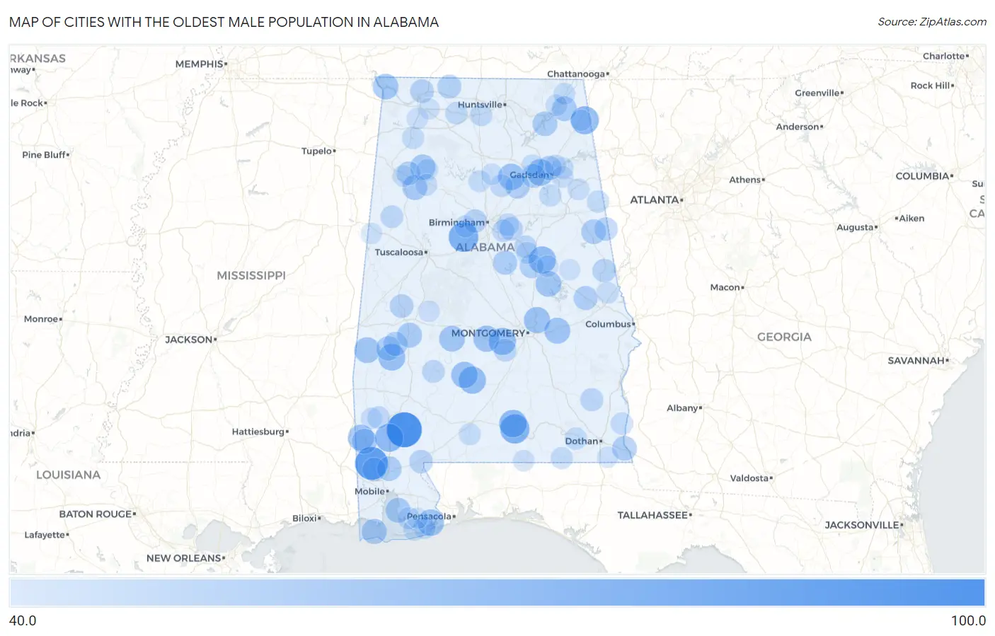 Cities with the Oldest Male Population in Alabama Map