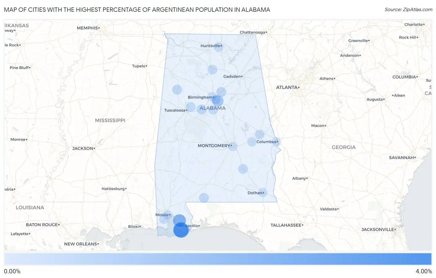 Cities with the Highest Percentage of Argentinean Population in Alabama Map