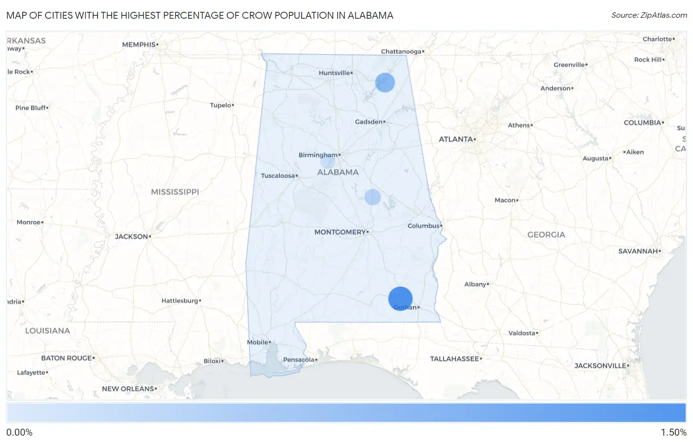 Cities with the Highest Percentage of Crow Population in Alabama Map