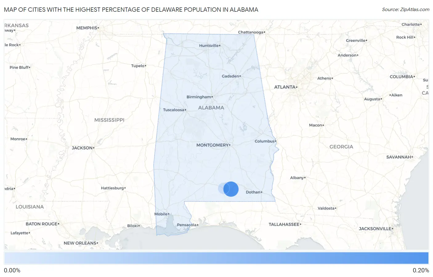 Cities with the Highest Percentage of Delaware Population in Alabama Map