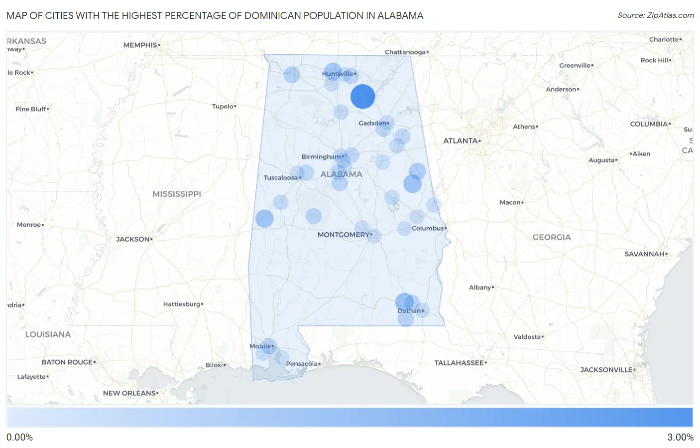 Cities with the Highest Percentage of Dominican Population in Alabama Map