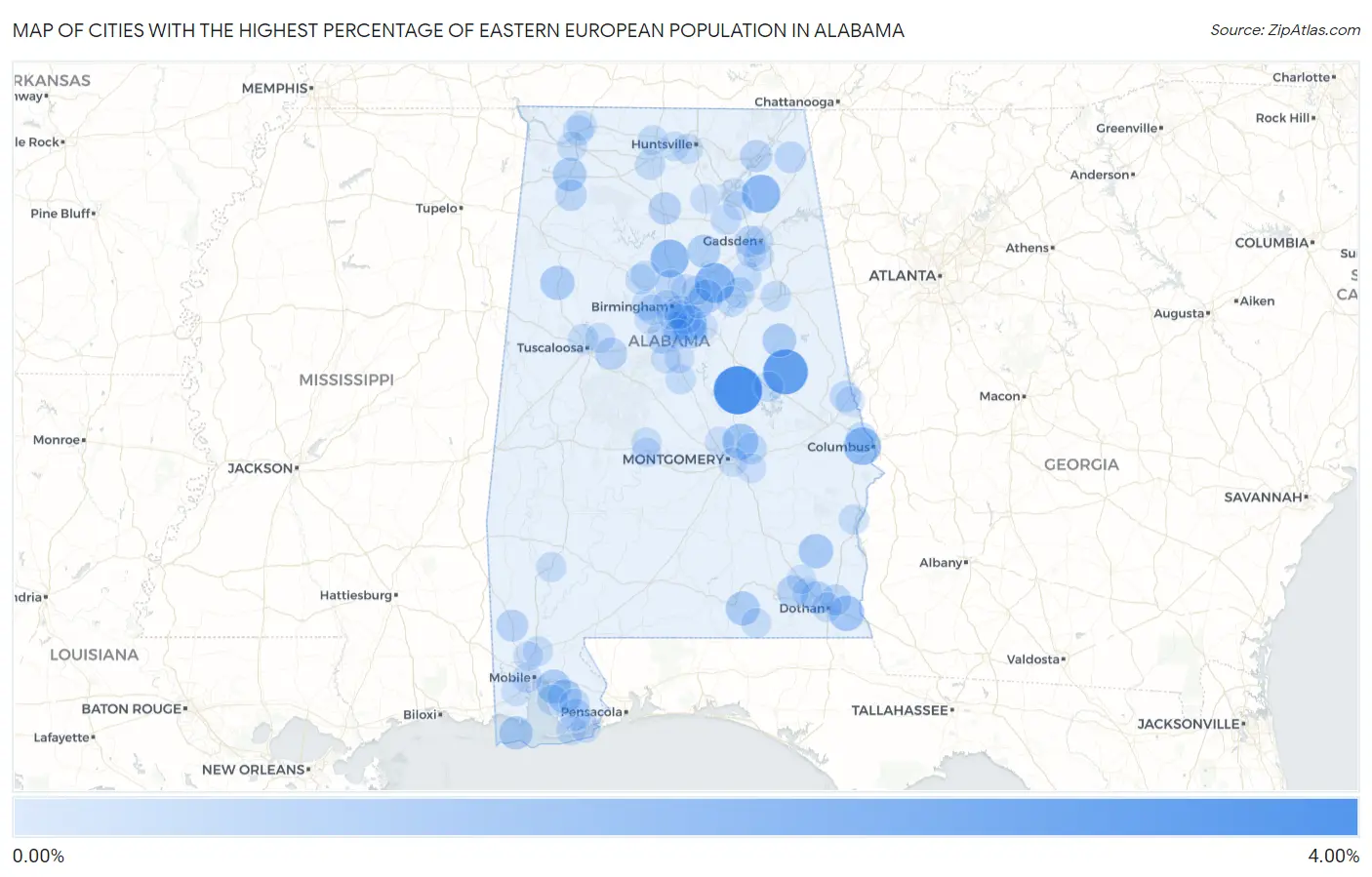 Cities with the Highest Percentage of Eastern European Population in Alabama Map