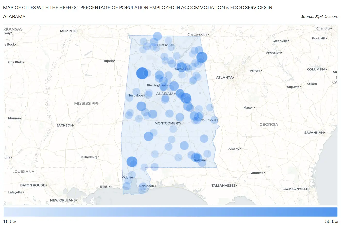 Cities with the Highest Percentage of Population Employed in Accommodation & Food Services in Alabama Map