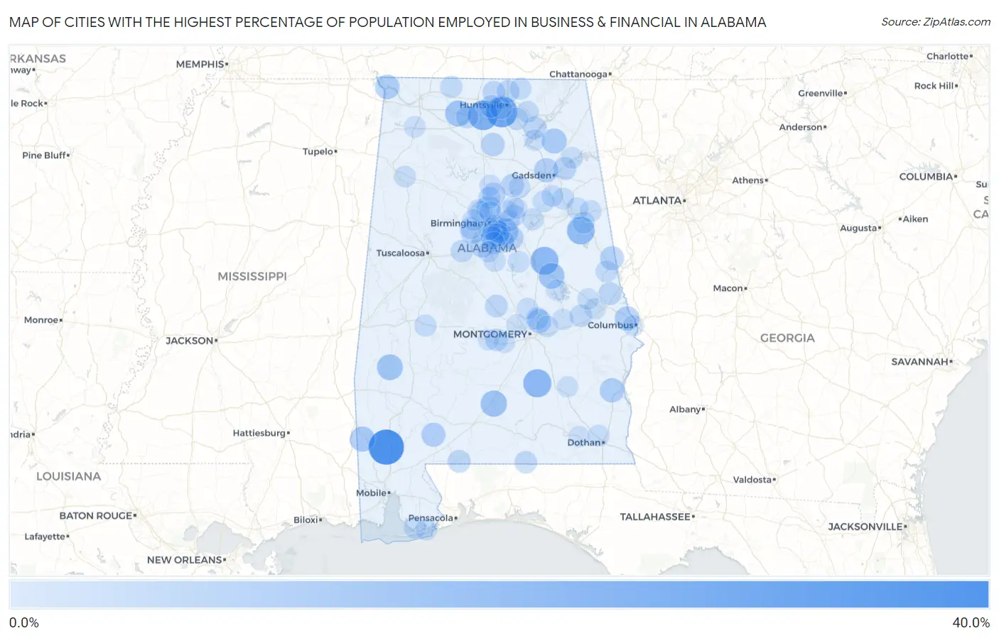 Cities with the Highest Percentage of Population Employed in Business & Financial in Alabama Map