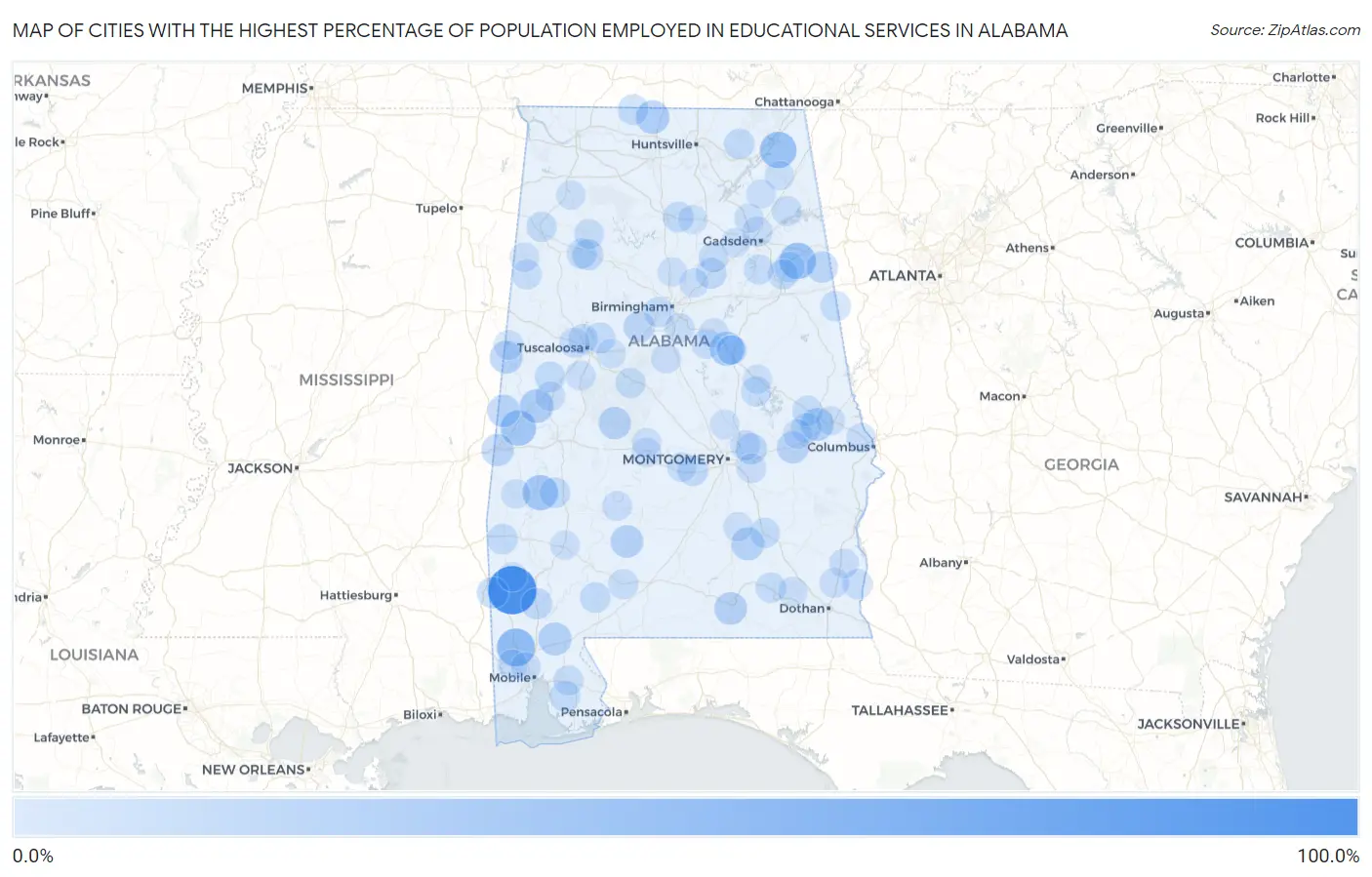 Cities with the Highest Percentage of Population Employed in Educational Services in Alabama Map
