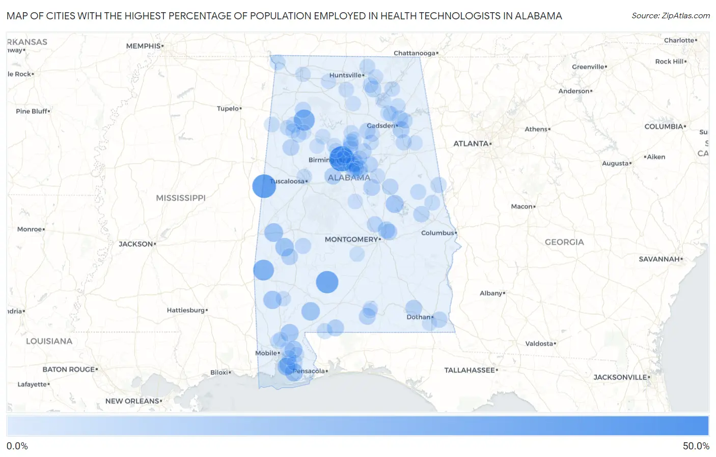 Cities with the Highest Percentage of Population Employed in Health Technologists in Alabama Map