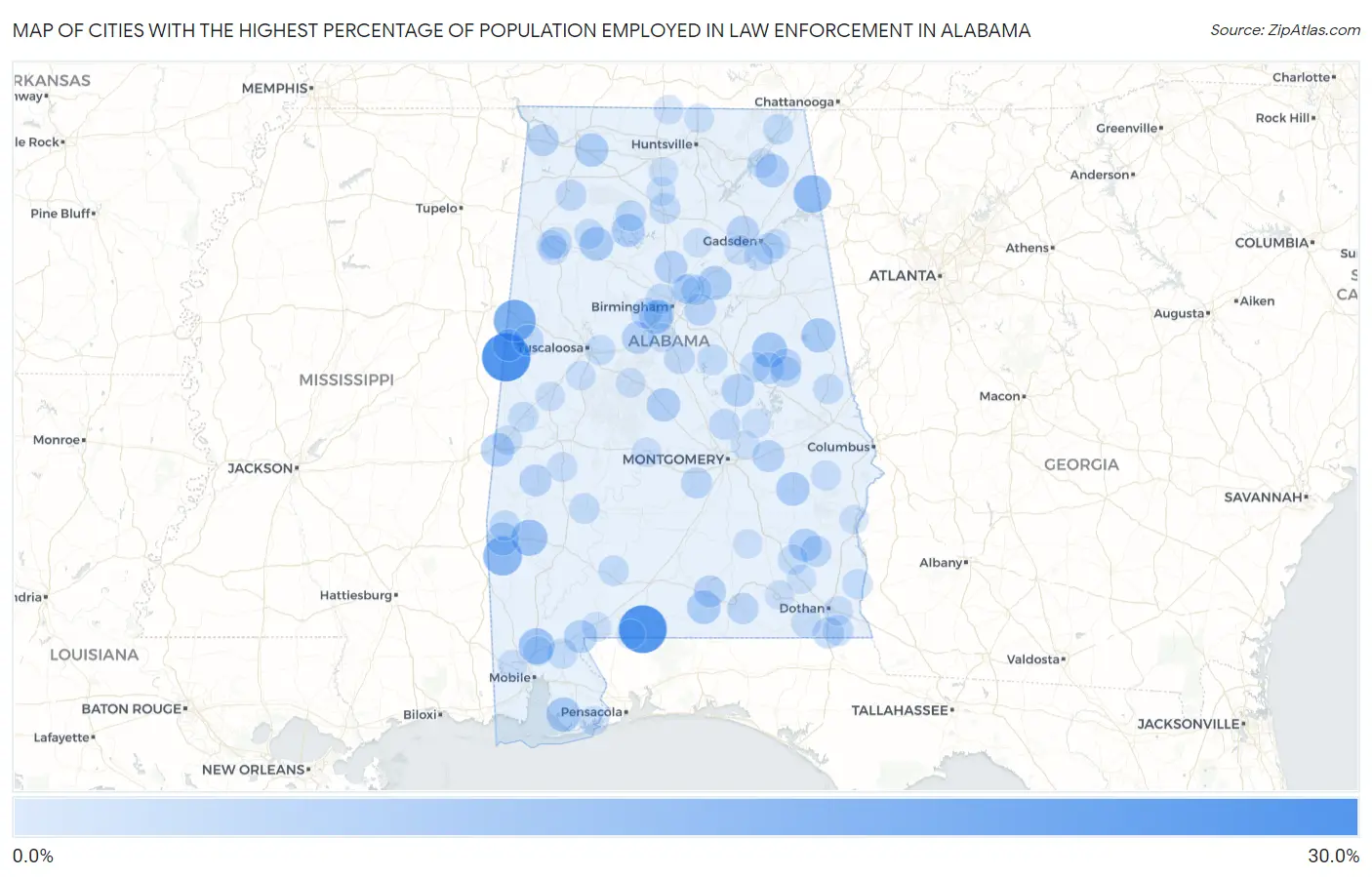 Cities with the Highest Percentage of Population Employed in Law Enforcement in Alabama Map