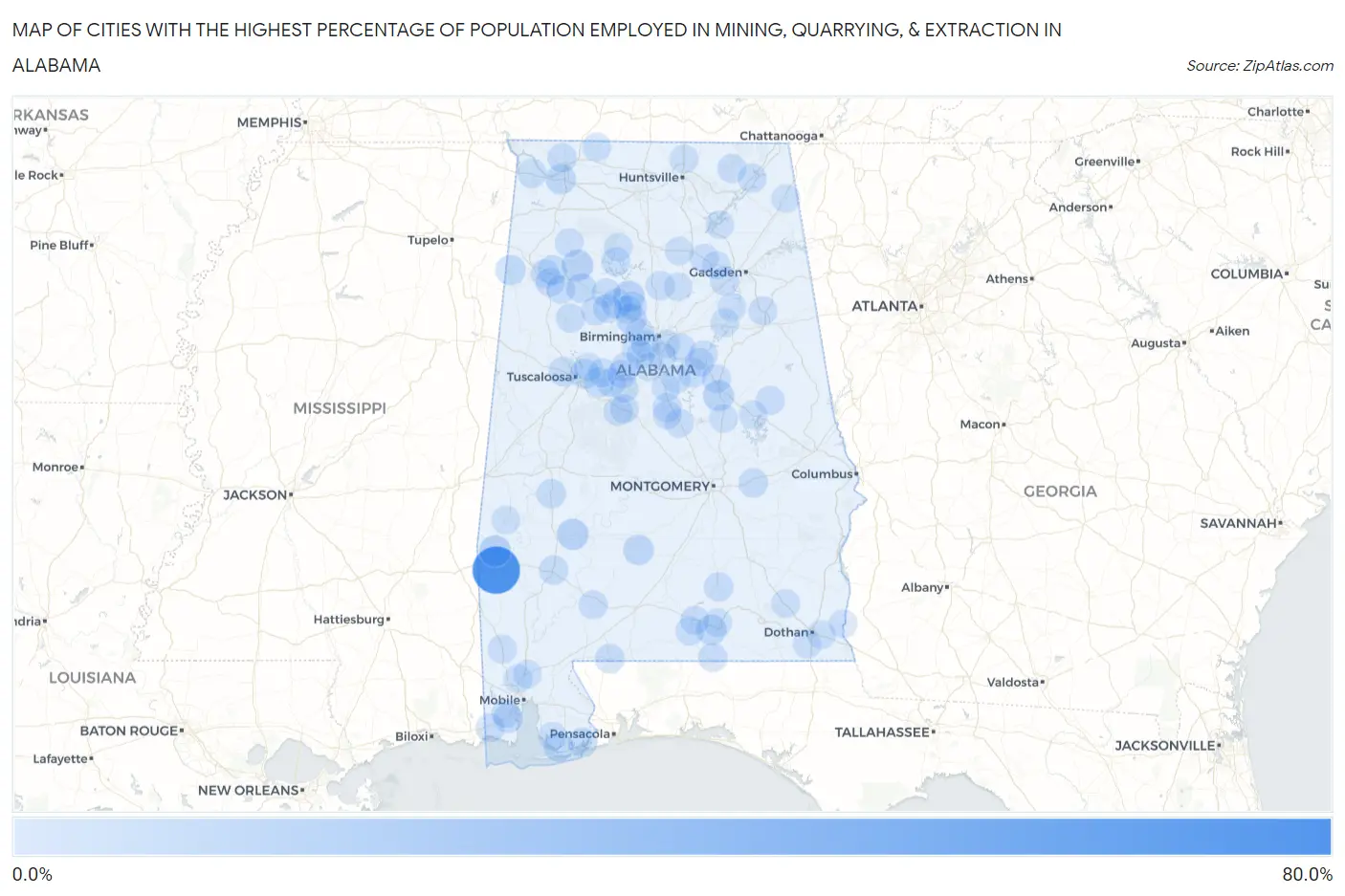 Cities with the Highest Percentage of Population Employed in Mining, Quarrying, & Extraction in Alabama Map