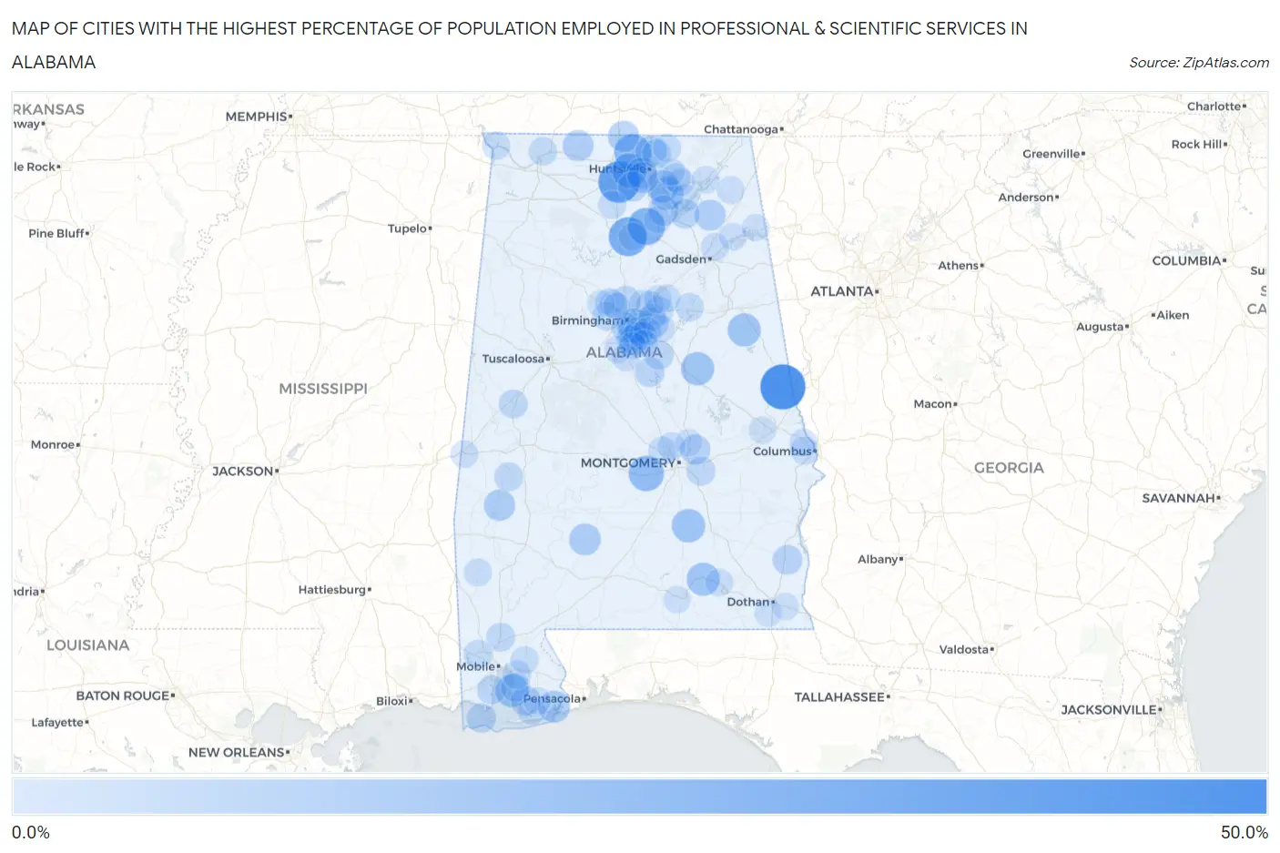Cities with the Highest Percentage of Population Employed in Professional & Scientific Services in Alabama Map