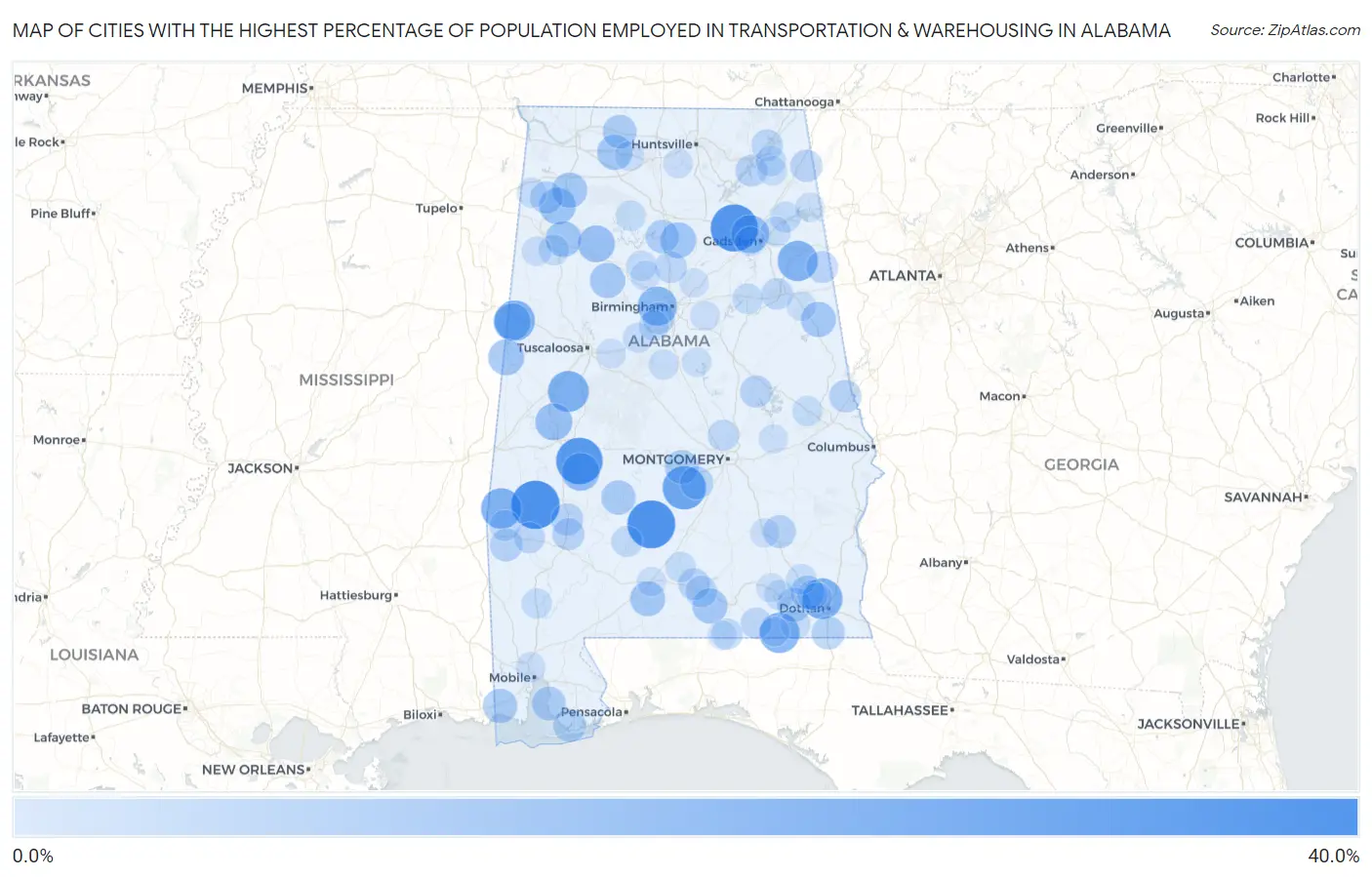 Cities with the Highest Percentage of Population Employed in Transportation & Warehousing in Alabama Map