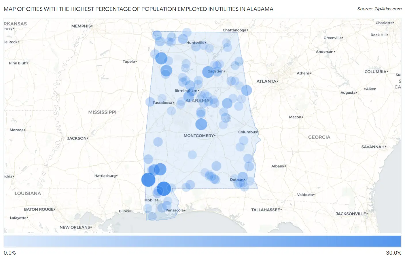 Cities with the Highest Percentage of Population Employed in Utilities in Alabama Map