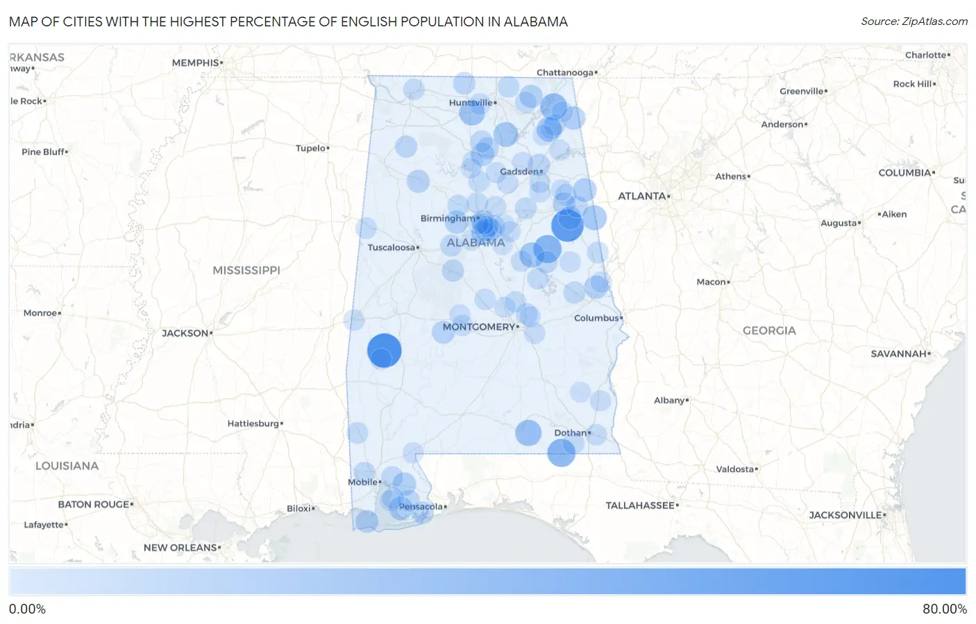 Cities with the Highest Percentage of English Population in Alabama Map