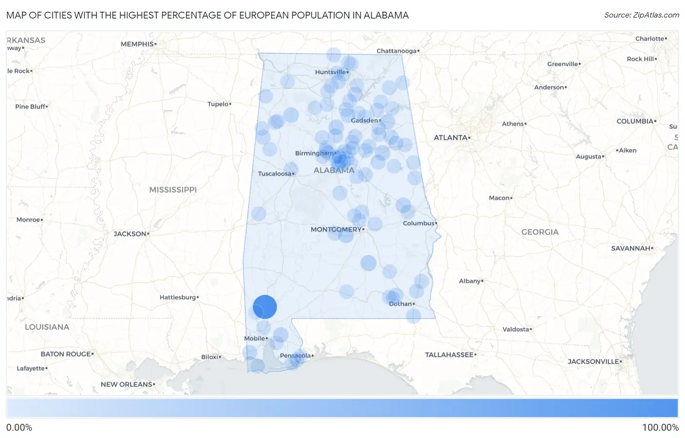 Cities with the Highest Percentage of European Population in Alabama Map