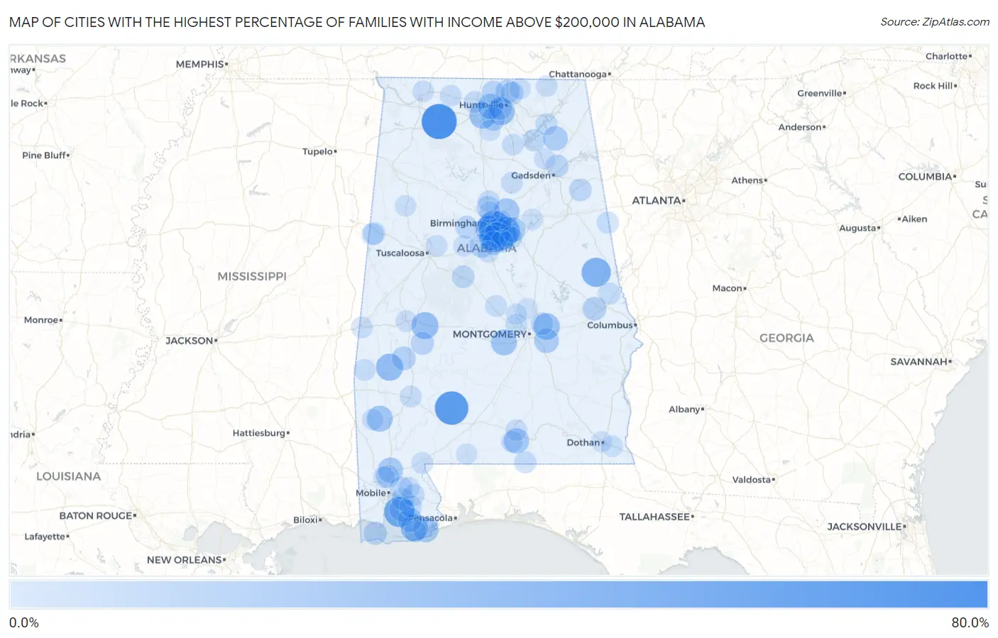 Cities with the Highest Percentage of Families with Income Above $200,000 in Alabama Map