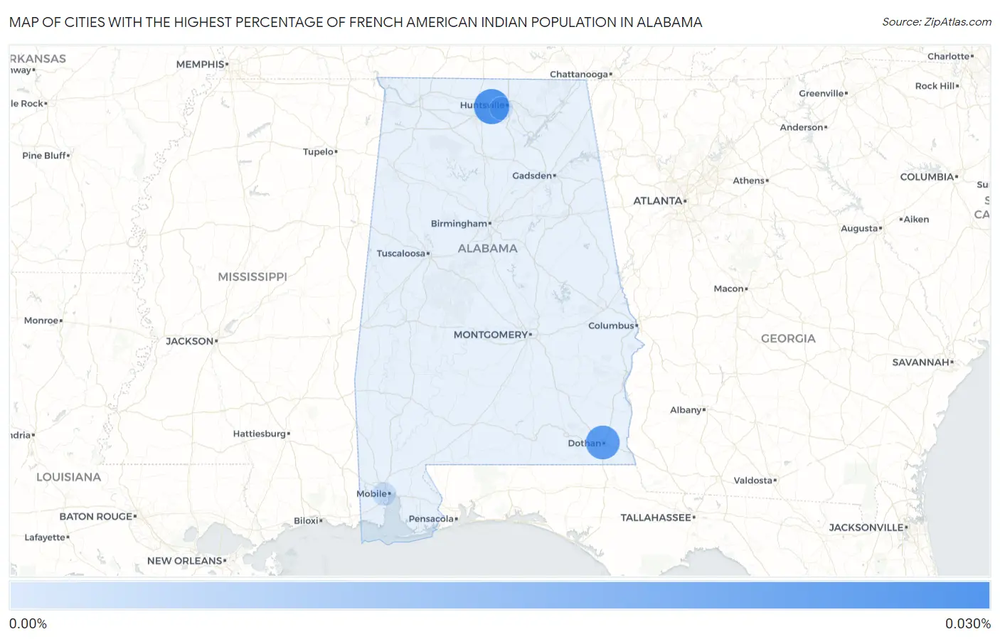 Cities with the Highest Percentage of French American Indian Population in Alabama Map
