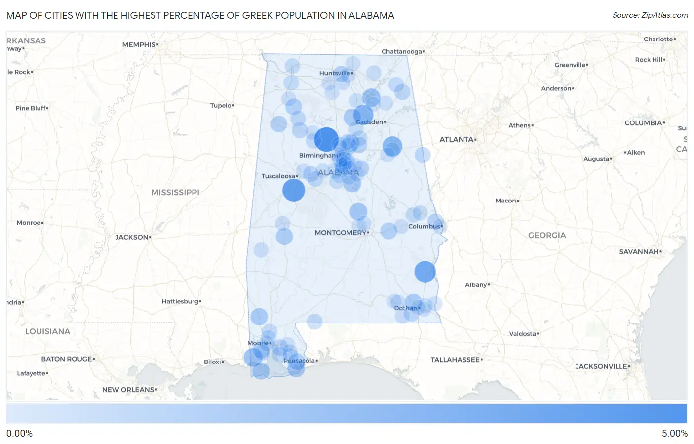 Cities with the Highest Percentage of Greek Population in Alabama Map