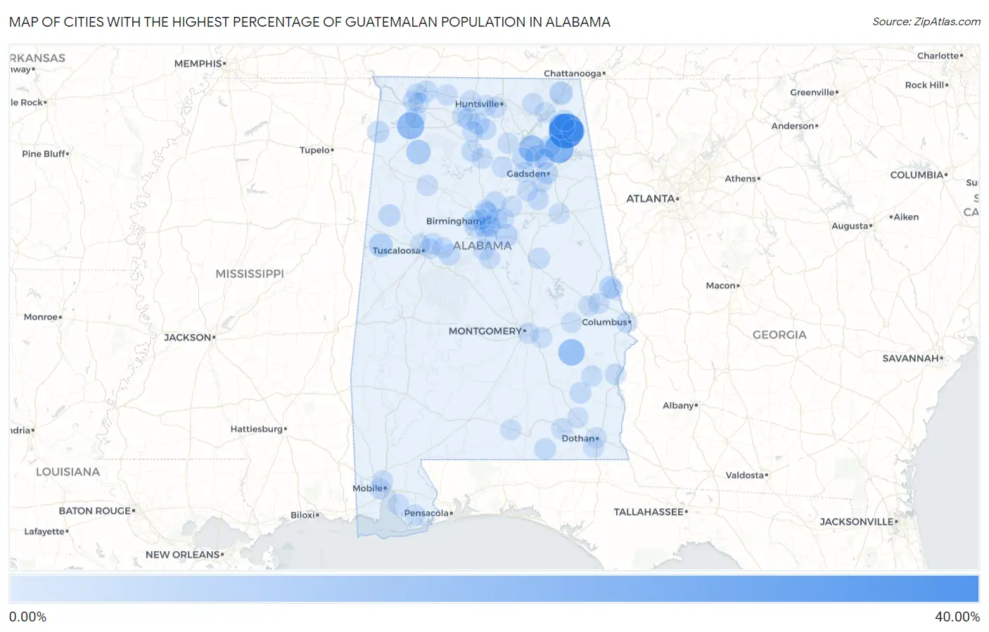 Cities with the Highest Percentage of Guatemalan Population in Alabama Map
