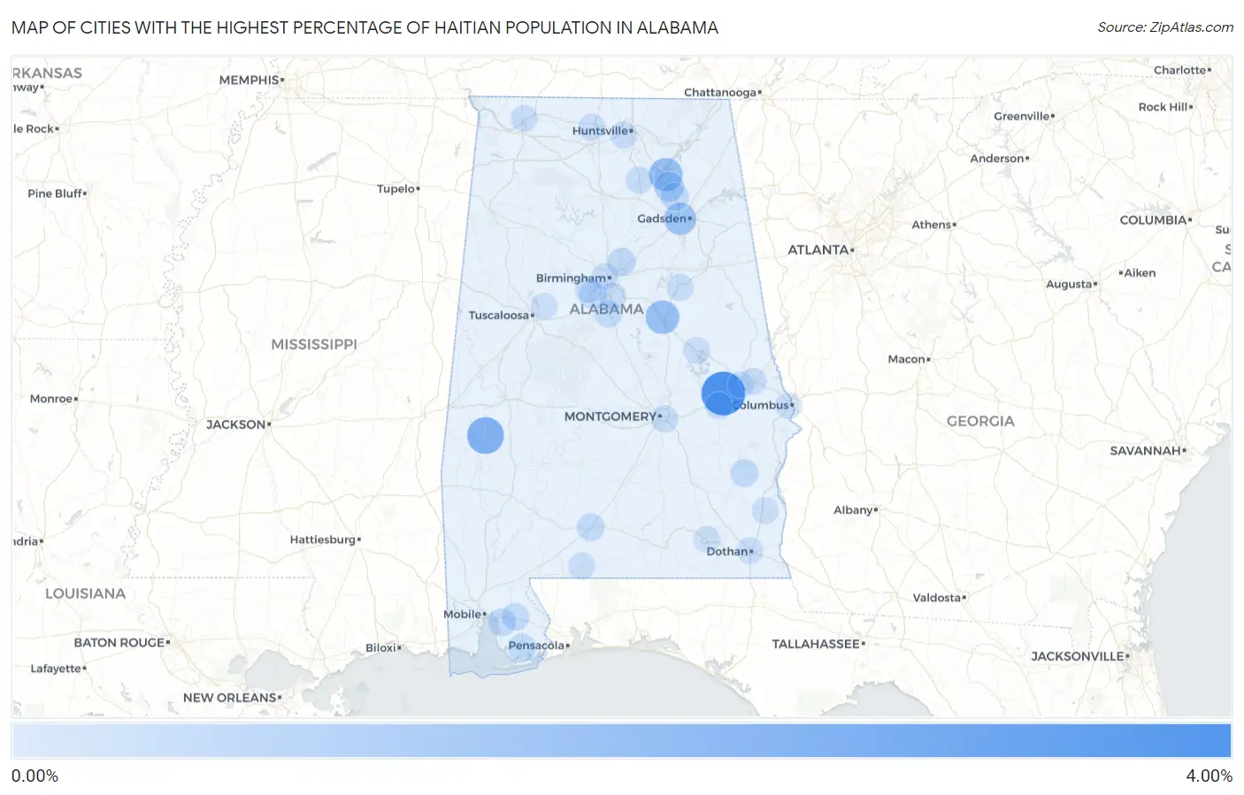 Cities with the Highest Percentage of Haitian Population in Alabama Map