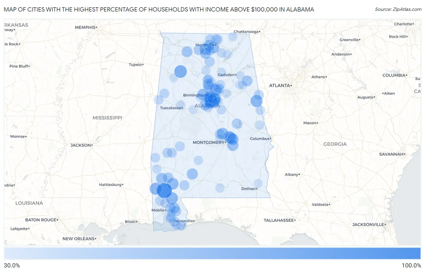 Cities with the Highest Percentage of Households with Income Above $100,000 in Alabama Map