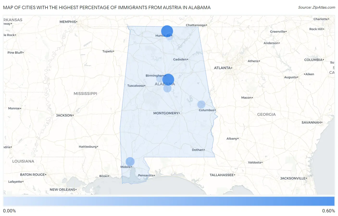 Cities with the Highest Percentage of Immigrants from Austria in Alabama Map