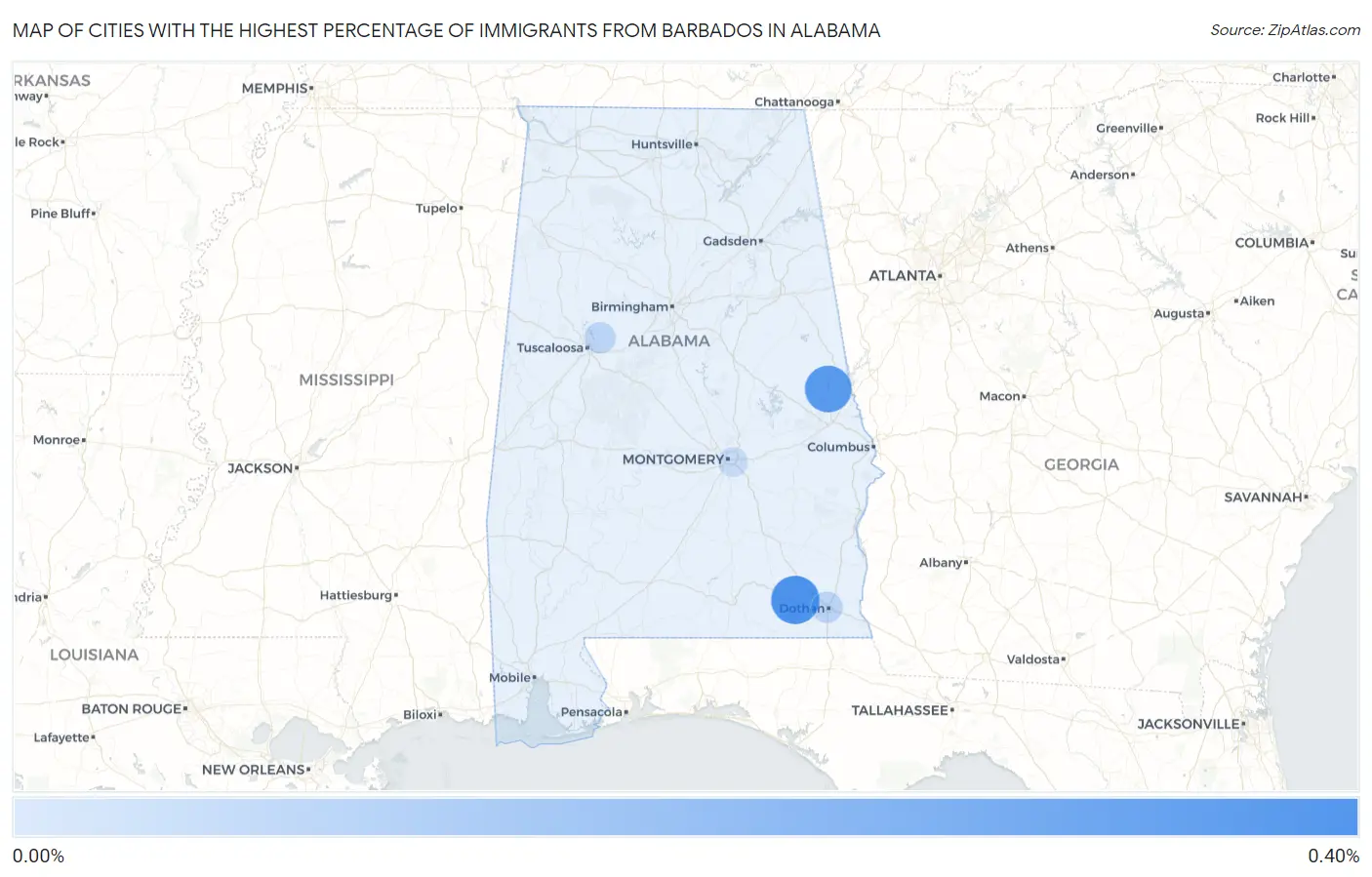 Cities with the Highest Percentage of Immigrants from Barbados in Alabama Map