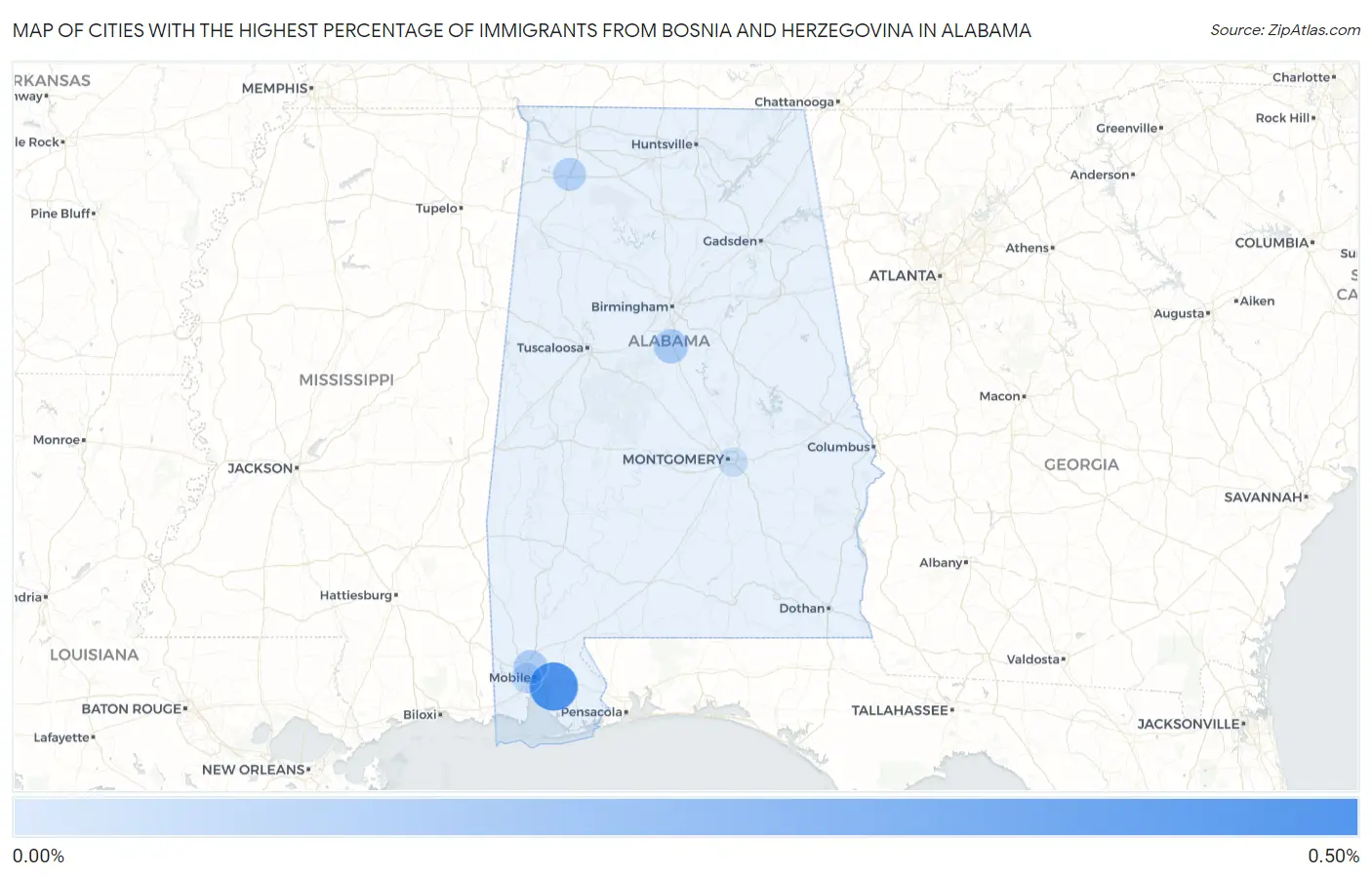 Cities with the Highest Percentage of Immigrants from Bosnia and Herzegovina in Alabama Map
