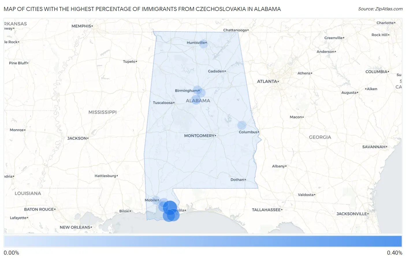 Cities with the Highest Percentage of Immigrants from Czechoslovakia in Alabama Map