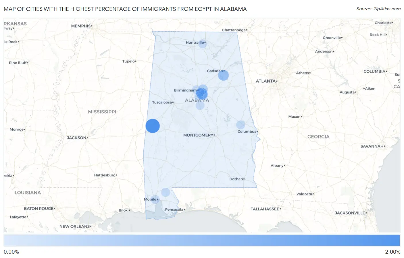 Cities with the Highest Percentage of Immigrants from Egypt in Alabama Map