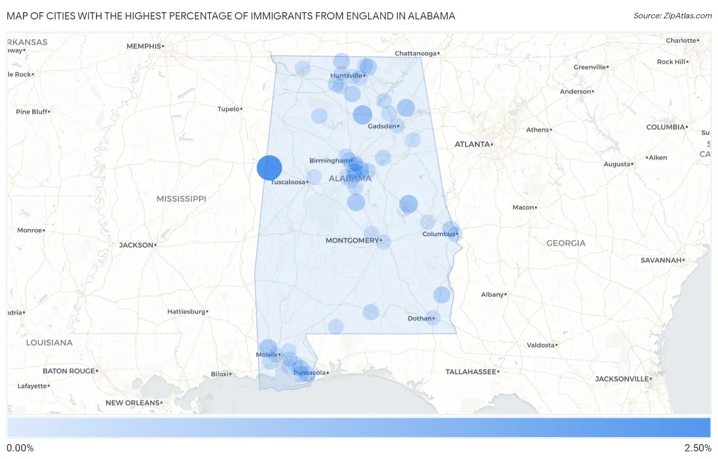 Cities with the Highest Percentage of Immigrants from England in Alabama Map