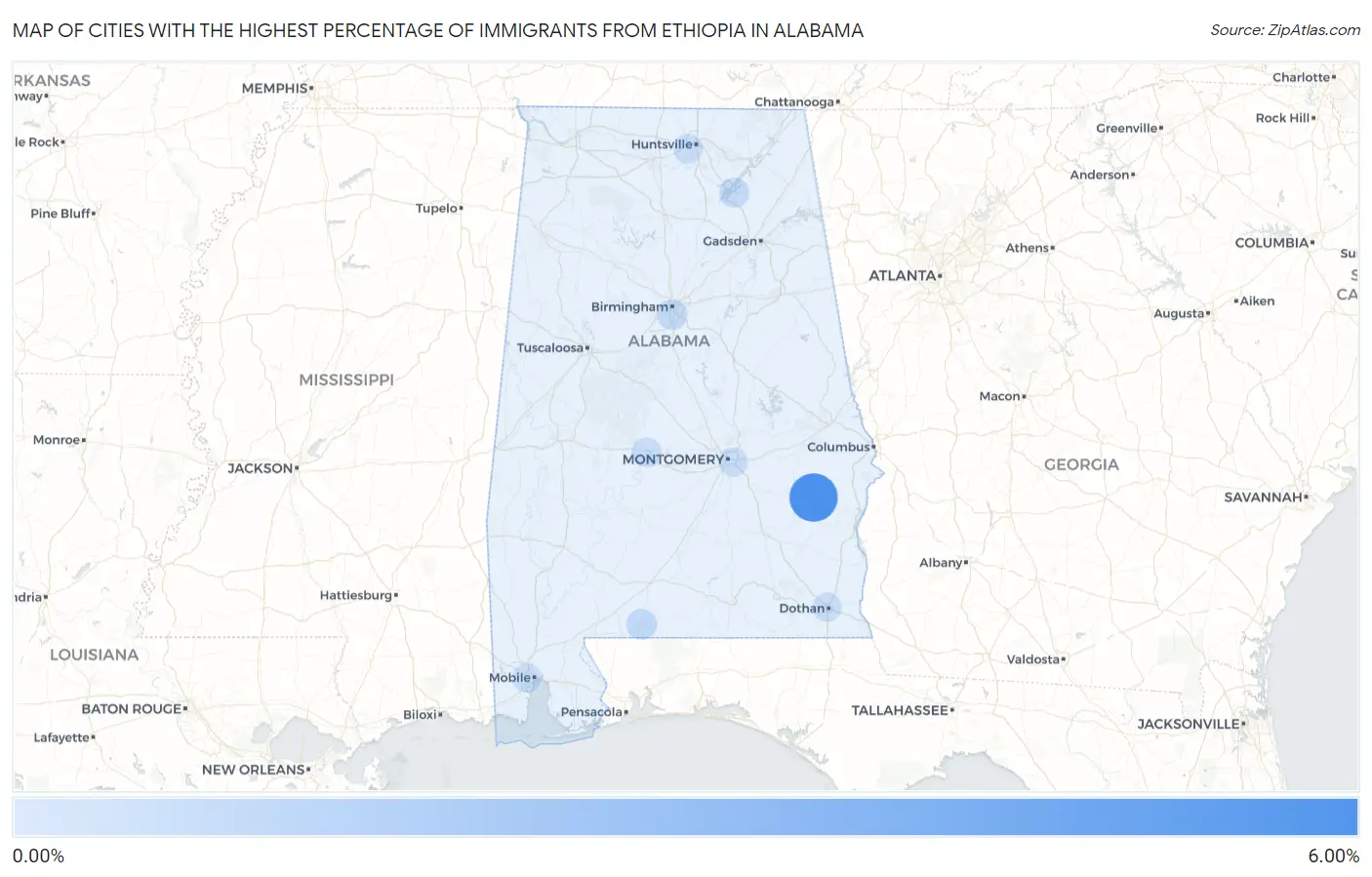 Cities with the Highest Percentage of Immigrants from Ethiopia in Alabama Map