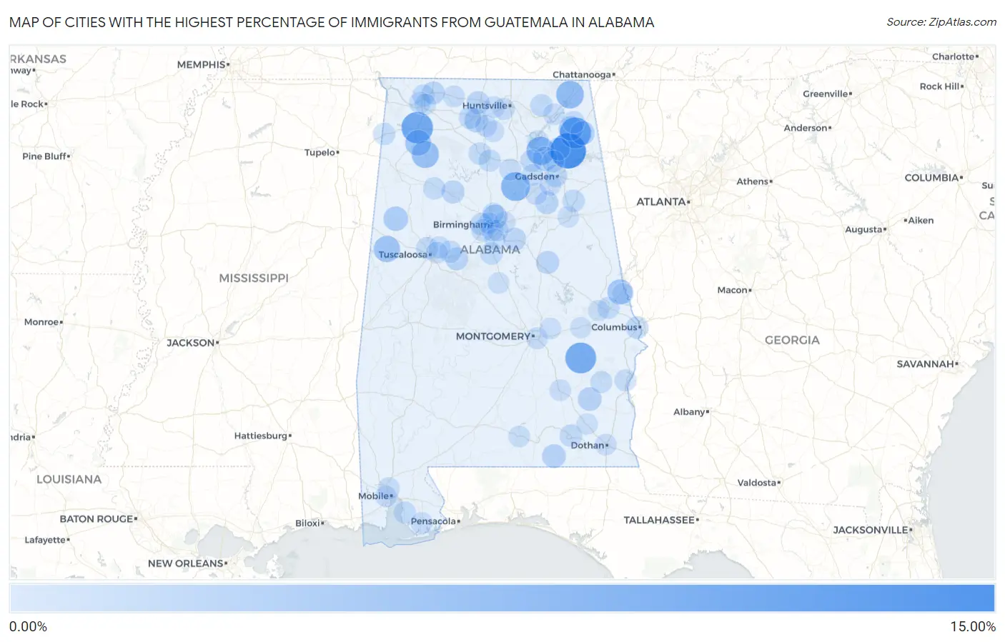 Cities with the Highest Percentage of Immigrants from Guatemala in Alabama Map