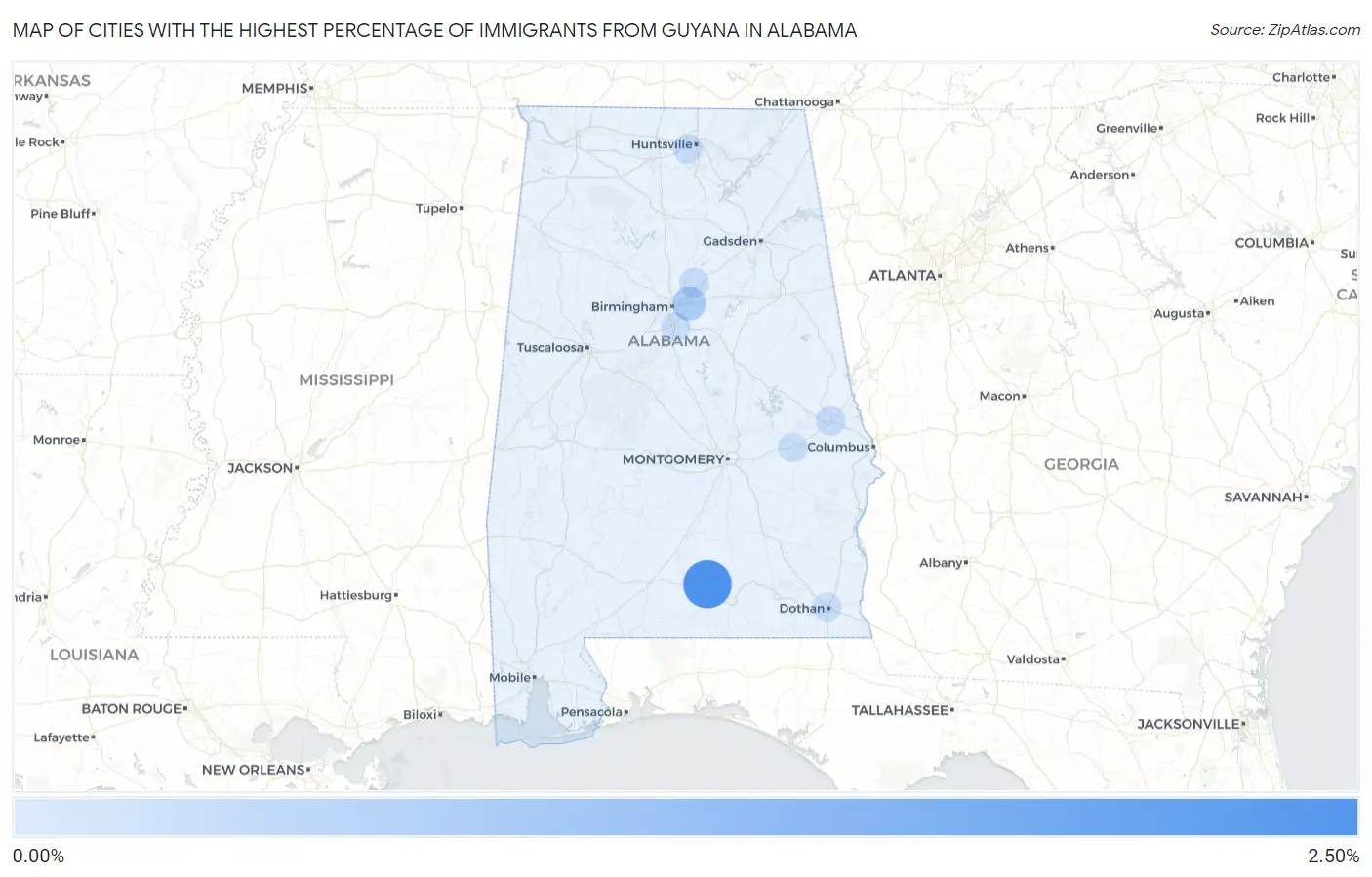 Cities with the Highest Percentage of Immigrants from Guyana in Alabama Map
