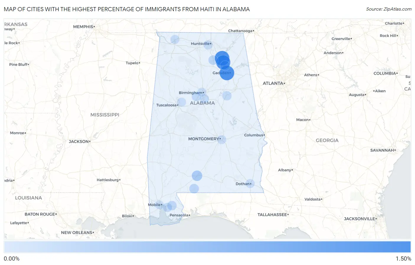 Cities with the Highest Percentage of Immigrants from Haiti in Alabama Map