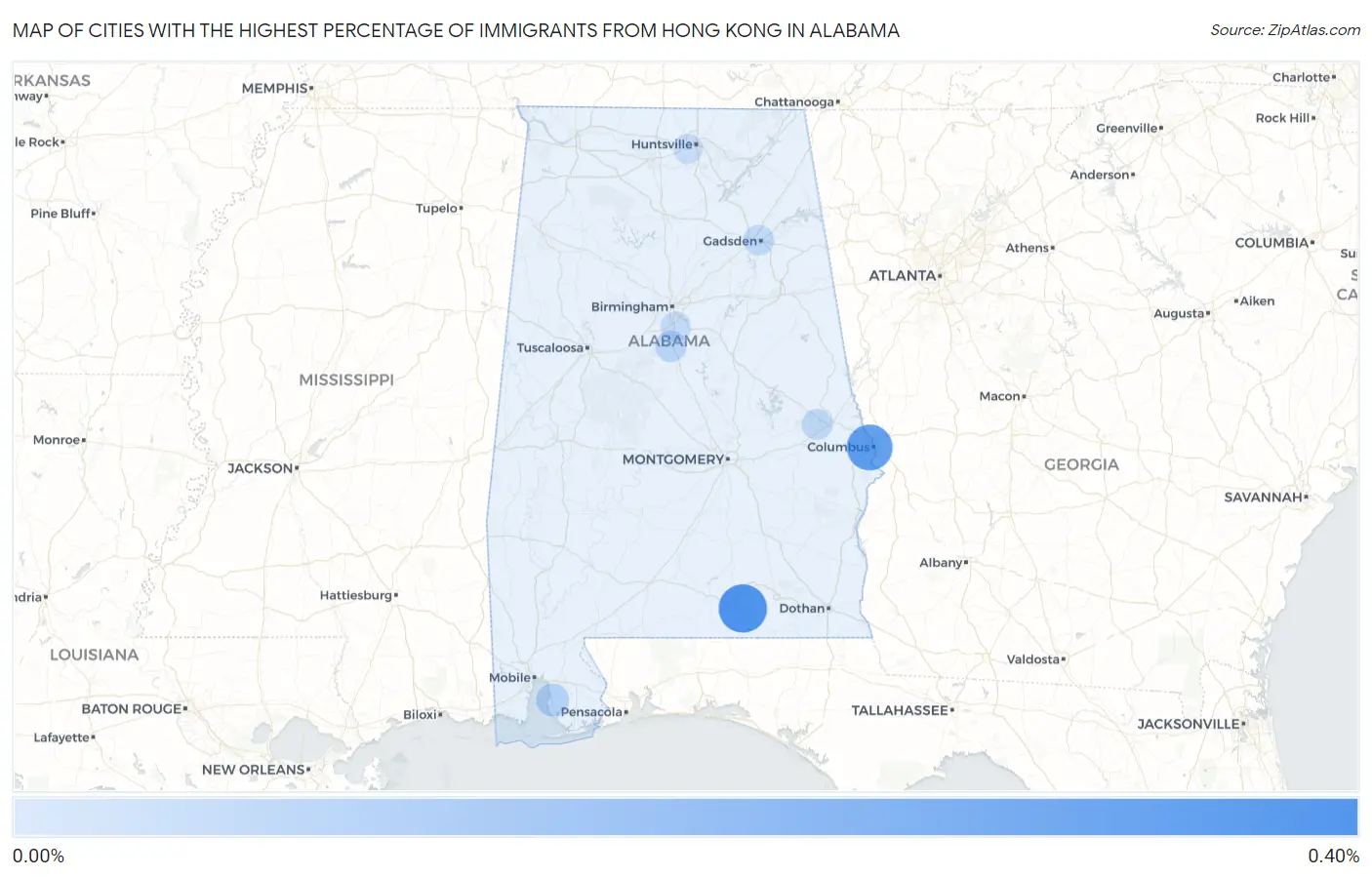 Cities with the Highest Percentage of Immigrants from Hong Kong in Alabama Map