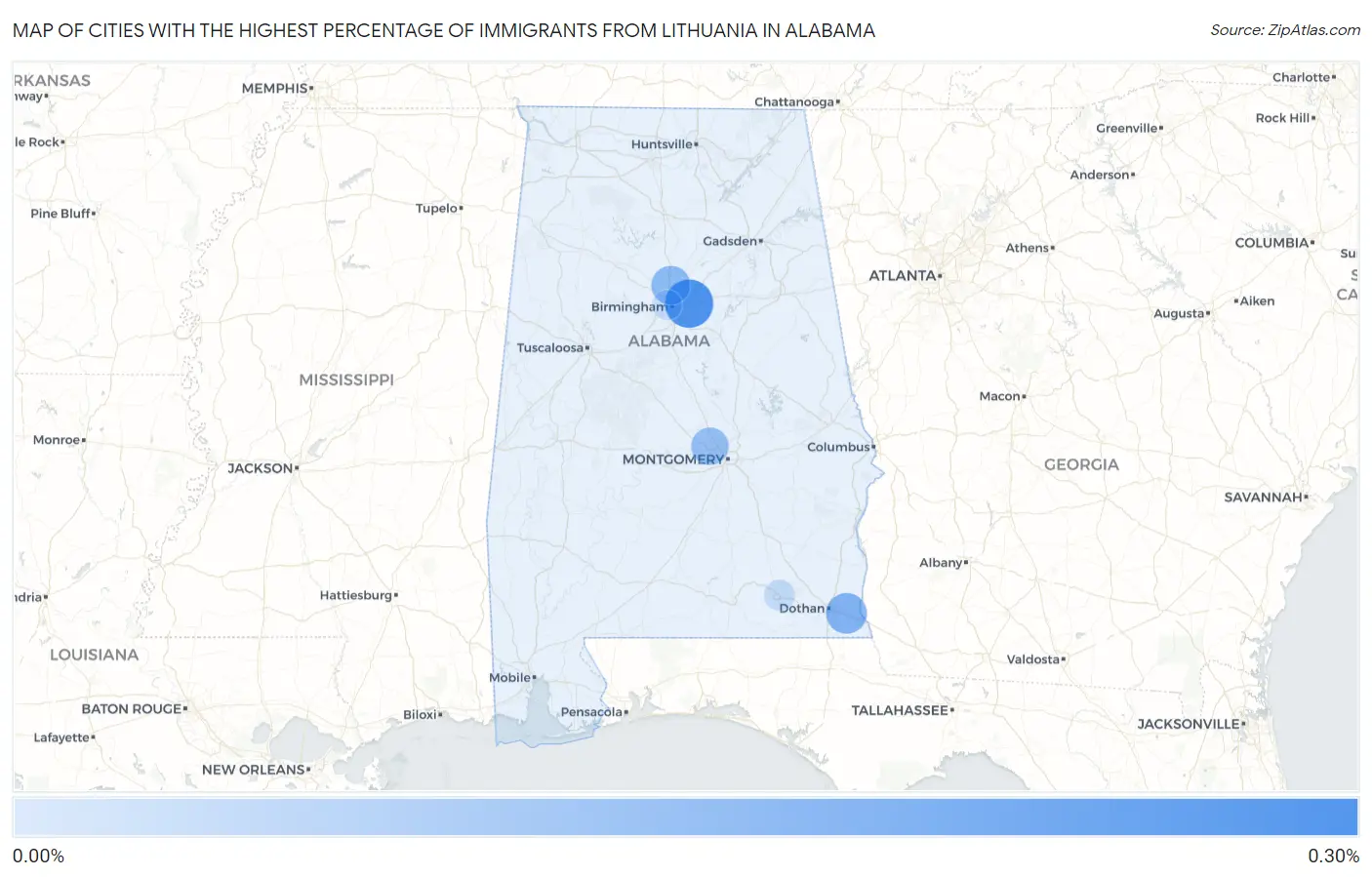 Cities with the Highest Percentage of Immigrants from Lithuania in Alabama Map
