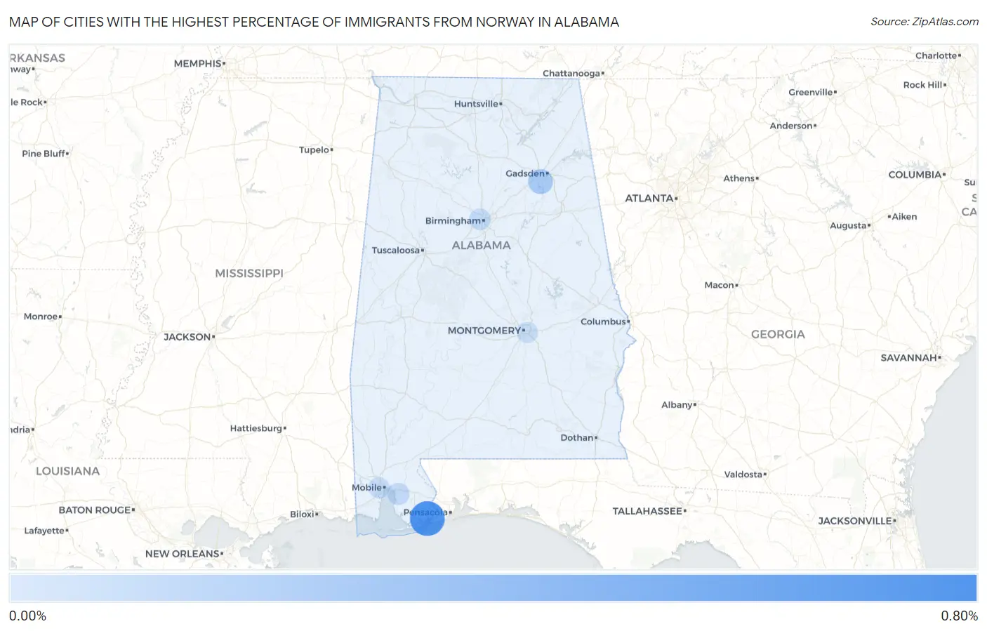 Cities with the Highest Percentage of Immigrants from Norway in Alabama Map