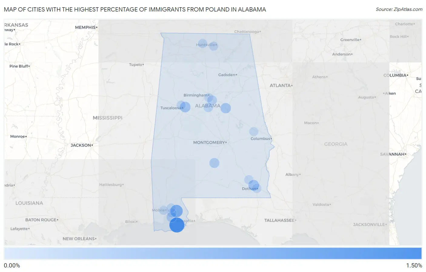 Cities with the Highest Percentage of Immigrants from Poland in Alabama Map