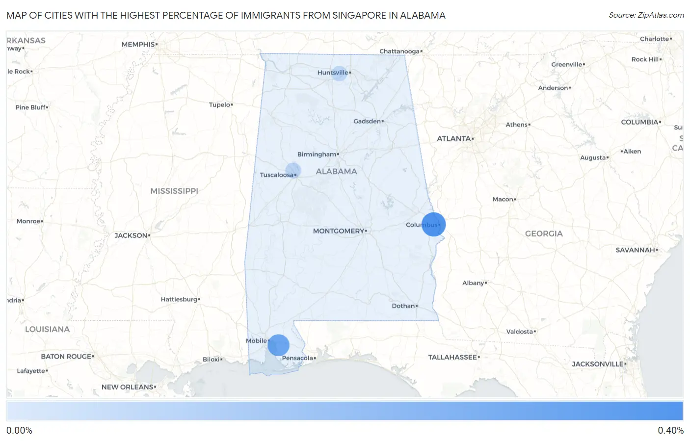 Cities with the Highest Percentage of Immigrants from Singapore in Alabama Map