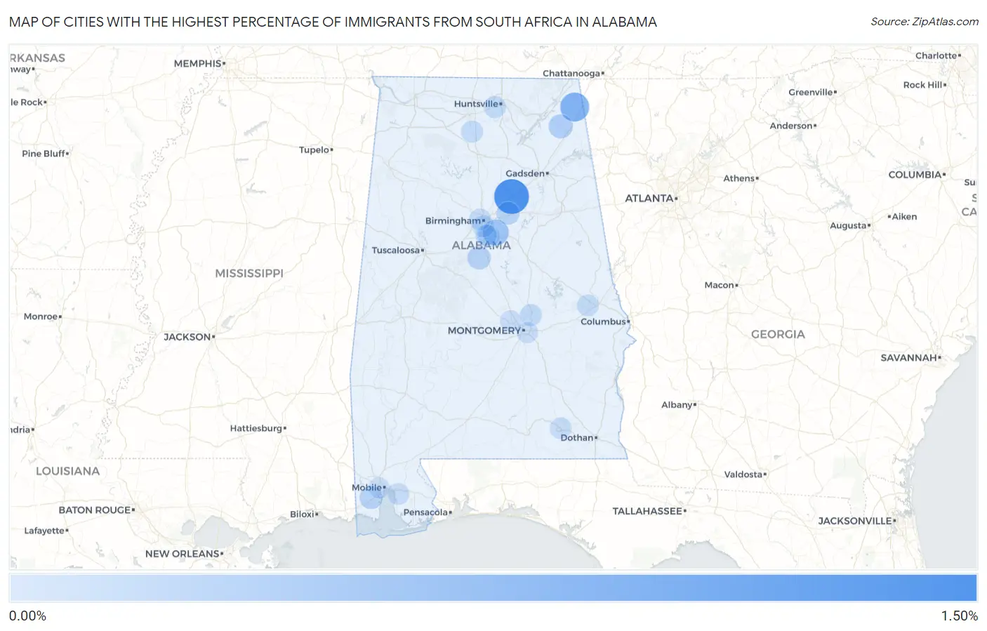 Cities with the Highest Percentage of Immigrants from South Africa in Alabama Map