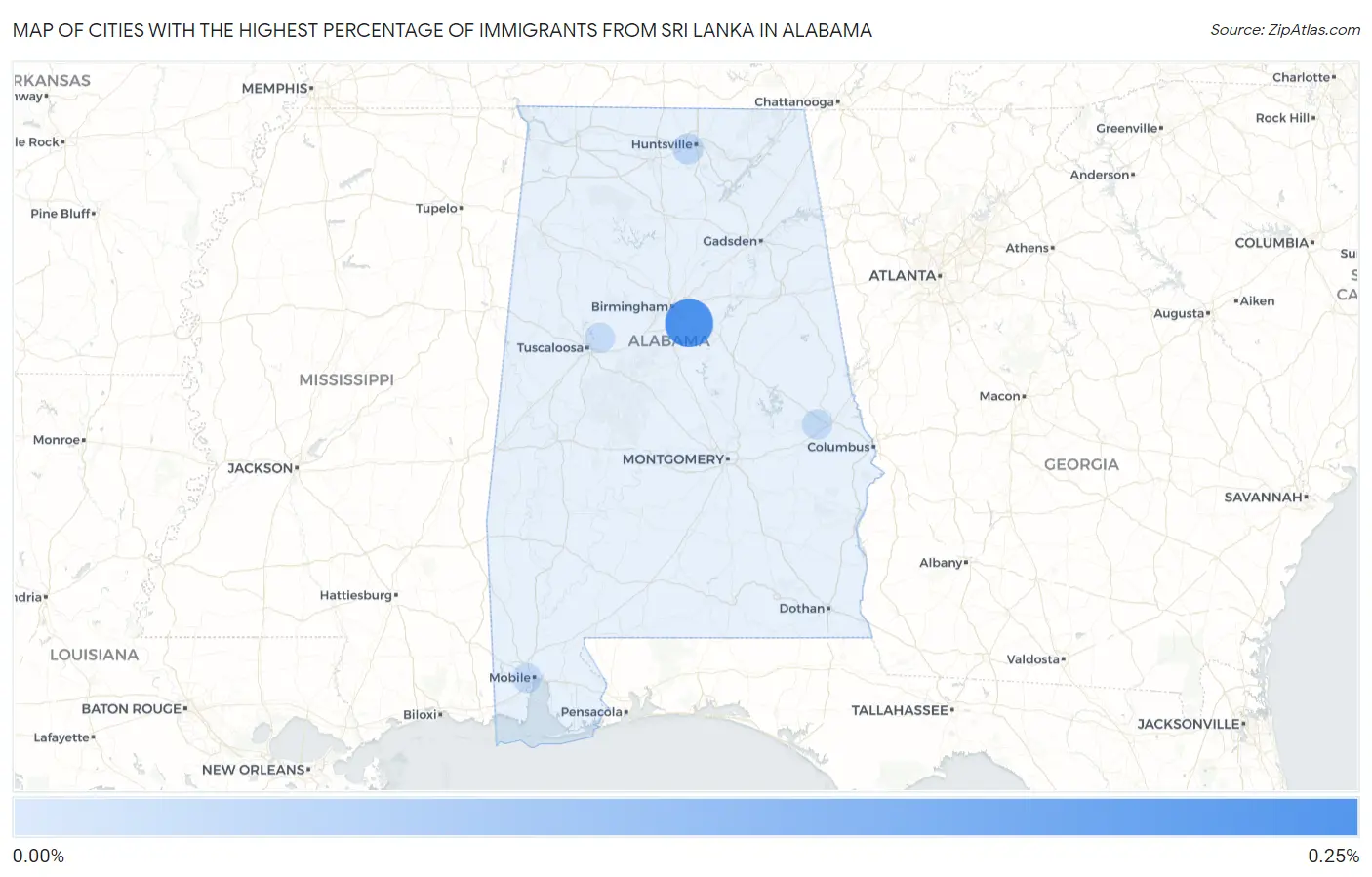 Cities with the Highest Percentage of Immigrants from Sri Lanka in Alabama Map