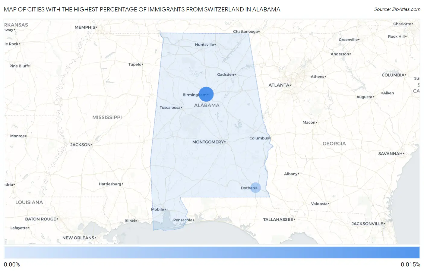 Cities with the Highest Percentage of Immigrants from Switzerland in Alabama Map