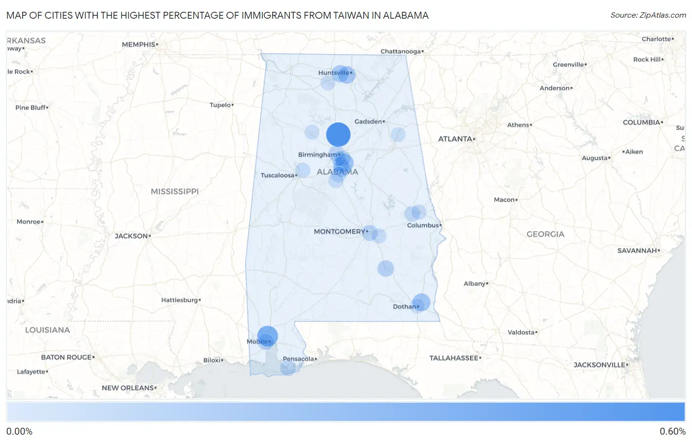 Cities with the Highest Percentage of Immigrants from Taiwan in Alabama Map