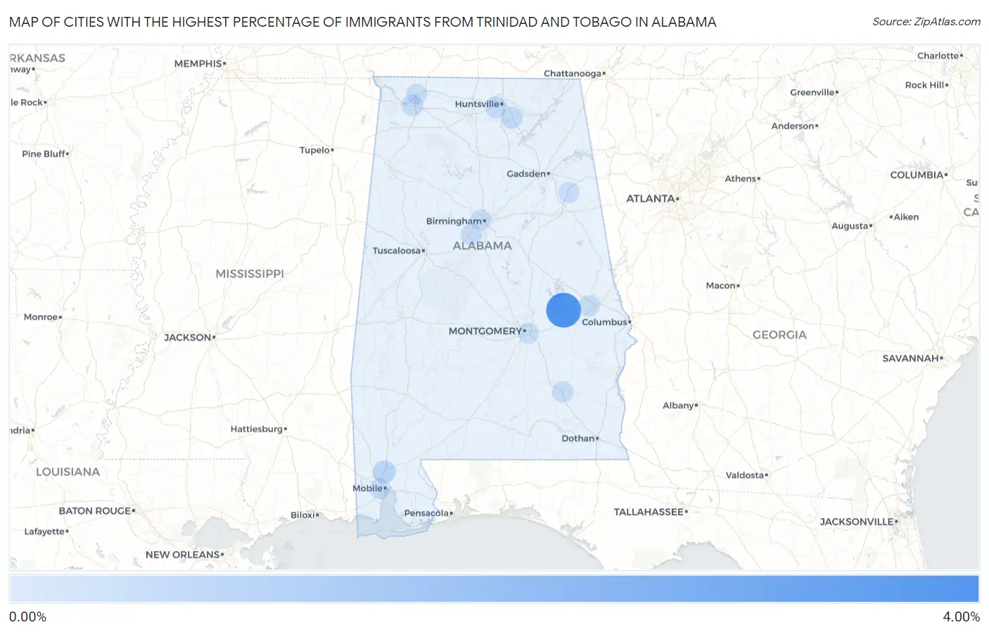 Cities with the Highest Percentage of Immigrants from Trinidad and Tobago in Alabama Map