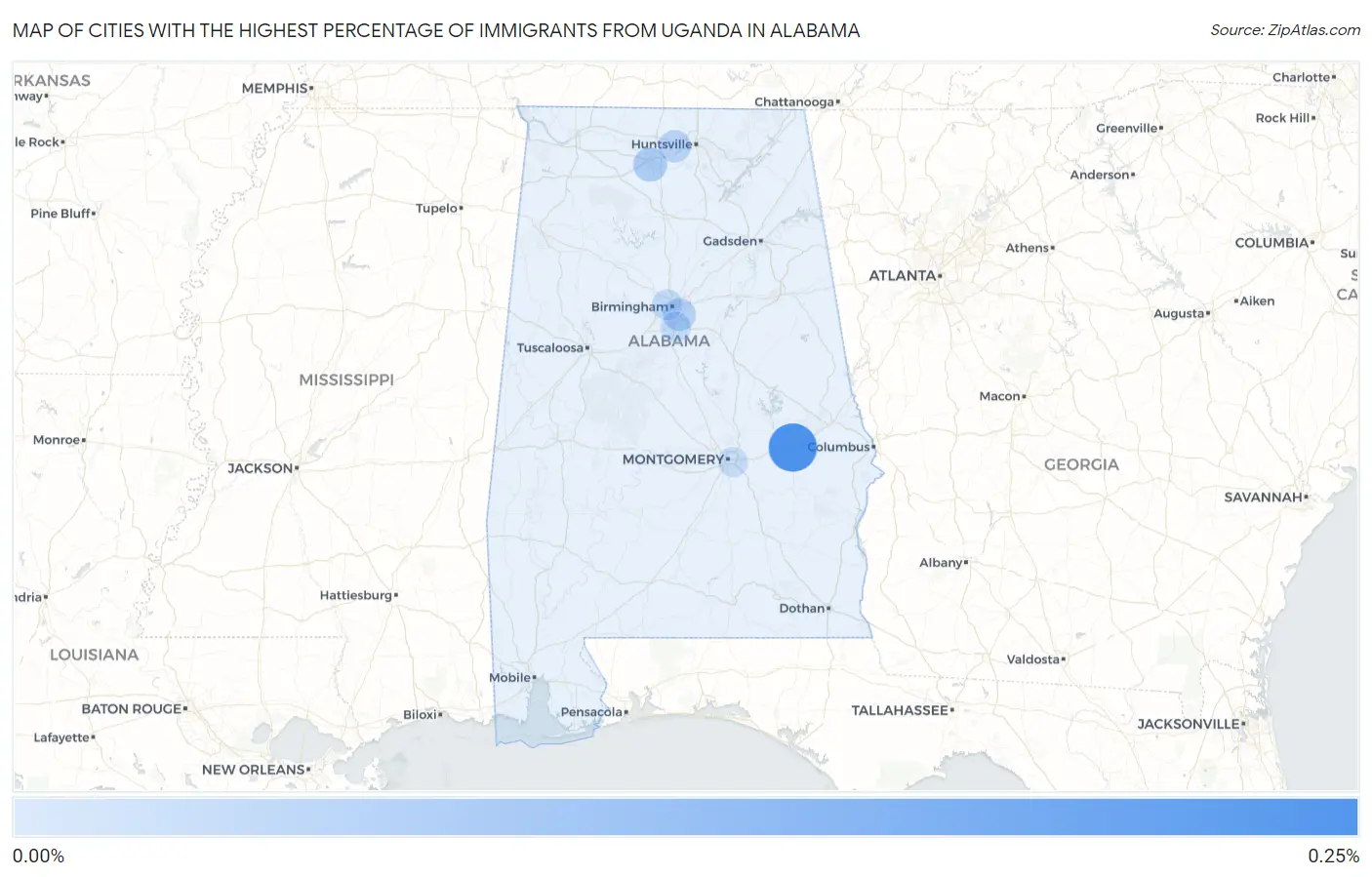 Cities with the Highest Percentage of Immigrants from Uganda in Alabama Map