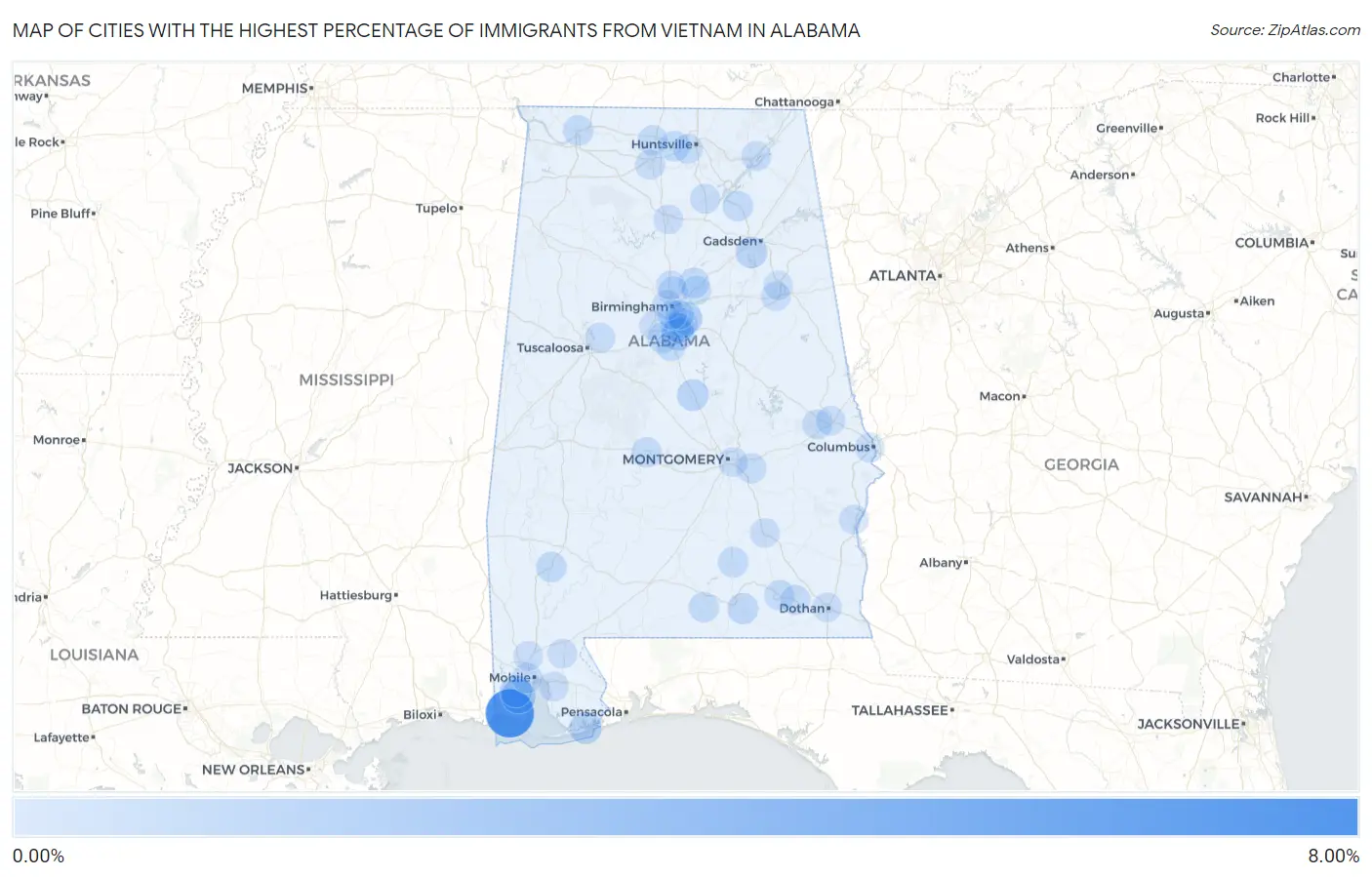 Cities with the Highest Percentage of Immigrants from Vietnam in Alabama Map