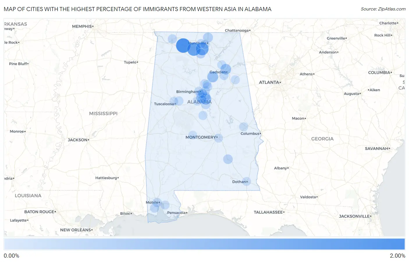 Cities with the Highest Percentage of Immigrants from Western Asia in Alabama Map