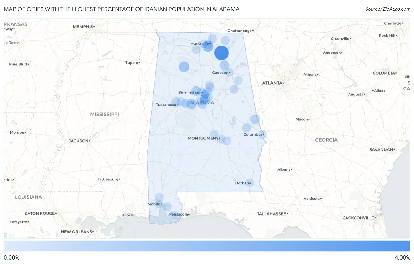 Cities with the Highest Percentage of Iranian Population in Alabama Map