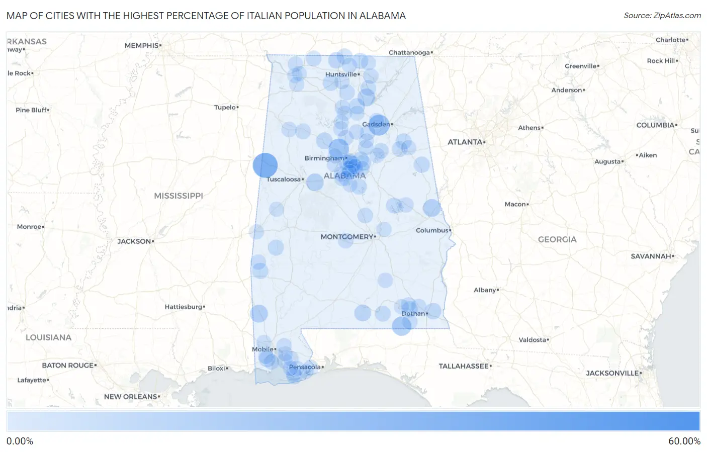 Cities with the Highest Percentage of Italian Population in Alabama Map